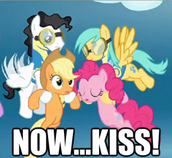 Size: 427x393 | Tagged: safe, edit, edited screencap, screencap, character:applejack, character:pinkie pie, character:starry eyes, character:sunshower raindrops, ship:applepie, episode:wonderbolts academy, caption, female, lesbian, milky way, now kiss, out of context, shipper on deck, shipping, wonderbolt trainee uniform
