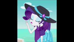 Size: 1920x1080 | Tagged: safe, edit, edited screencap, screencap, character:rarity, equestria girls:forgotten friendship, g4, my little pony: equestria girls, my little pony:equestria girls, adorasexy, animated, beach, beach babe, beautiful, beautisexy, belly button, bikini, bikini babe, blowing a kiss, clothing, cropped, cute, female, flirting, geode of shielding, hand on hip, hat, heart, lidded eyes, magical geodes, midriff, music, raribetes, sarong, sexy, solo, sound, stomach, stupid sexy rarity, sun hat, swimsuit, webm