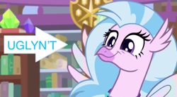 Size: 1050x580 | Tagged: safe, edit, edited screencap, screencap, character:silverstream, species:hippogriff, episode:what lies beneath, g4, my little pony: friendship is magic, captain obvious, caption arrow, cute, diastreamies, edited edit, facts, meme, n't meme, truth