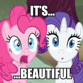 Size: 270x270 | Tagged: safe, edit, edited screencap, screencap, character:pinkie pie, character:rarity, species:earth pony, species:pony, species:unicorn, episode:putting your hoof down, g4, my little pony: friendship is magic, animated, duo, duo female, female, gif, hub logo, it's beautiful, jaw drop, mare, reaction image