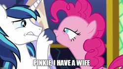 Size: 888x499 | Tagged: safe, edit, edited screencap, screencap, character:pinkie pie, character:shining armor, species:earth pony, species:pony, species:unicorn, episode:the one where pinkie pie knows, g4, my little pony: friendship is magic, caption, dialogue, female, image macro, implied infidelity, male, meme, shipping denied, text