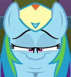 Size: 996x1080 | Tagged: safe, edit, edited screencap, screencap, character:rainbow dash, species:pony, cursed image, faec, female, looking at you, mirrored, not salmon, smiling, smug, smugdash, solo, unitinu, wat, what has science done, what the fuck is this shit, wtf