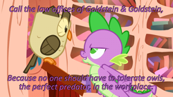 Size: 640x360 | Tagged: safe, edit, edited screencap, screencap, character:owlowiscious, character:spike, species:bird, species:dragon, episode:owl's well that ends well, g4, my little pony: friendship is magic, animal, caption, cards against humanity, golden oaks library, image macro, text