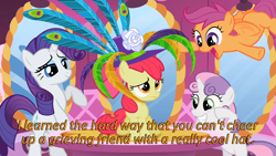Size: 640x360 | Tagged: safe, edit, edited screencap, screencap, character:apple bloom, character:rarity, character:scootaloo, character:sweetie belle, species:earth pony, species:pegasus, species:pony, species:unicorn, episode:the cutie pox, g4, my little pony: friendship is magic, buzzing wings, caption, cards against humanity, clothing, cutie mark crusaders, feathered hat, female, filly, foal, hat, image macro, peacock feathers, text, wings