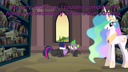 Size: 640x360 | Tagged: safe, edit, edited screencap, screencap, character:princess celestia, character:spike, character:twilight sparkle, episode:it's about time, g4, my little pony: friendship is magic, book, canterlot archives, canterlot library, caption, cards against humanity, image macro, purple text, scroll, text, trio
