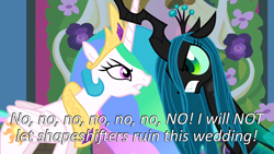 Size: 640x360 | Tagged: safe, edit, edited screencap, screencap, character:princess celestia, character:queen chrysalis, species:changeling, episode:a canterlot wedding, g4, my little pony: friendship is magic, angry, caption, cards against humanity, changeling queen, duo, female, fight, image macro, text