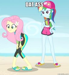 Size: 2023x2212 | Tagged: safe, edit, edited screencap, screencap, character:fluttershy, character:rainbow dash, g4, my little pony: equestria girls, my little pony:equestria girls, aww... baby turtles, caption, clothing, dat butt, edited edit, image macro, meme, swimsuit, text, vulgar, wetsuit