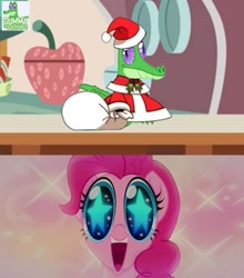 Size: 641x728 | Tagged: safe, edit, edited screencap, screencap, character:gummy, character:pinkie pie, species:earth pony, species:pony, bipedal, christmas, clothing, costume, cute, diapinkes, female, happy, hat, holiday, holly, mare, meme, merry christmas, open mouth, padoru, santa claus, santa costume, smiling, sparkles, starry eyes, uvula, wingding eyes