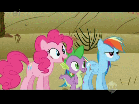 Size: 528x396 | Tagged: safe, edit, edited screencap, screencap, character:fluttershy, character:pinkie pie, character:rainbow dash, character:spike, species:dragon, species:earth pony, species:pegasus, species:pony, episode:over a barrel, g4, my little pony: friendship is magic, season 1, animated, artifact, ei, female, first spike image on derpibooru, gif, glomp, grin, hub logo, hub network, male, mare, one of the first, out of fucking nowhere, personal space invasion, smiling, smirk, the hub, trio, vulgar, wide eyes