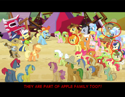 Size: 1280x997 | Tagged: safe, edit, edited screencap, screencap, character:apple bloom, character:apple crumble, character:apple mint, character:apple rose, character:apple split, character:apple strudel, character:applejack, character:auntie applesauce, character:babs seed, character:blewgrass, character:bon bon, character:braeburn, character:bushel, character:carrot top, character:cherry berry, character:cloudchaser, character:dizzy twister, character:emerald green, character:fiddlesticks, character:gala appleby, character:golden harvest, character:granny smith, character:green gem, character:half baked apple, character:hayseed turnip truck, character:helia, character:hoss, character:liberty belle, character:linky, character:lucky clover, character:mr. greenhooves, character:orange swirl, character:pink lady, character:pitch perfect, character:red delicious, character:red june, character:shoeshine, character:sweet tooth, character:sweetie drops, species:pony, episode:apple family reunion, g4, my little pony: friendship is magic, apple family, apple family member, background pony, blank flank, crowd, flounder (character), unnamed pony