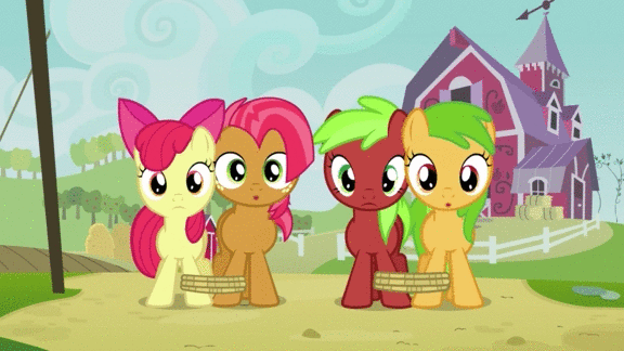 Size: 576x324 | Tagged: safe, edit, edited screencap, screencap, character:apple bloom, character:apple squash, character:babs seed, character:red june, episode:apple family reunion, g4, my little pony: friendship is magic, animated, apple family member, image macro