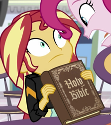 Size: 651x729 | Tagged: safe, edit, edited screencap, screencap, character:pinkie pie, character:sunset shimmer, /mlp/, equestria girls:mirror magic, g4, my little pony: equestria girls, my little pony:equestria girls, spoiler:eqg specials, bible, blackletter, book, christian sunset shimmer, christianity, cropped, meme, reaction image, religion