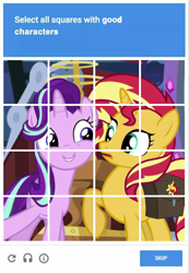 Size: 480x694 | Tagged: safe, edit, edited screencap, screencap, character:starlight glimmer, character:sunset shimmer, species:pony, species:unicorn, equestria girls:mirror magic, g4, my little pony: equestria girls, my little pony:equestria girls, spoiler:eqg specials, captcha, cute, drama, duo, eye contact, female, frown, glimmerbetes, grin, looking at each other, mare, open mouth, raised hoof, recaptcha, saddle bag, smiling, starlight drama, sunset vs starlight debate