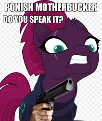 Size: 810x956 | Tagged: safe, edit, edited screencap, screencap, character:tempest shadow, my little pony: the movie (2017), 1000 years in photoshop, alpha channel, broken horn, caption, desert eagle, eye scar, female, gritted teeth, gun, horn, image macro, impact font, jules winnfield, meme, menacing, movie reference, ow the edge, pulp fiction, say what again, scar, simple background, solo, text, vulgar, weapon