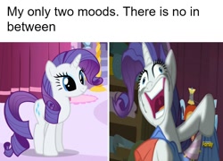 Size: 1000x720 | Tagged: safe, edit, edited screencap, screencap, character:rarity, species:pony, episode:a dog and pony show, episode:fame and misfortune, g4, my little pony: friendship is magic, caption, crying, faec, female, image macro, insanity, meme, mood swing, mood whiplash, solo, text, why i'm creating a gown darling