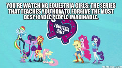 Size: 600x337 | Tagged: safe, edit, edited screencap, screencap, character:applejack, character:fluttershy, character:pinkie pie, character:rainbow dash, character:rarity, character:spike, character:spike (dog), character:sunset shimmer, character:twilight sparkle, character:twilight sparkle (scitwi), species:dog, species:eqg human, g4, my little pony: equestria girls, my little pony:equestria girls, caption, clothing, converse, equestria girls logo, geode of empathy, geode of fauna, geode of shielding, geode of super speed, geode of super strength, geode of telekinesis, humane five, humane seven, humane six, image macro, intro, logo, magical geodes, pantyhose, photo, ponied up, scitwilicorn, shoes, sneakers, text, wings
