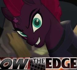 Size: 1000x912 | Tagged: safe, edit, edited screencap, screencap, character:tempest shadow, species:pony, broken horn, caption, edgehorse, expand dong, exploitable meme, eye scar, horn, image macro, meme, ow the edge, scar, shadow the hedgehog (game), shitposting, text