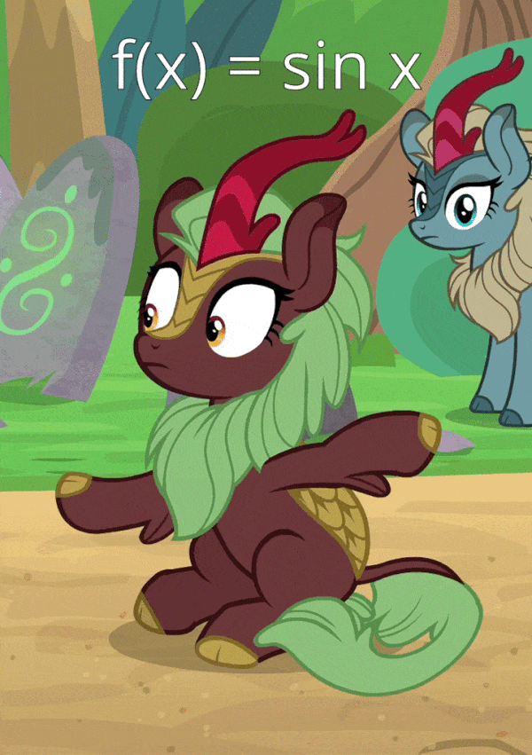 Size: 600x851 | Tagged: safe, edit, edited screencap, screencap, character:cinder glow, character:summer flare, species:kirin, species:pony, episode:sounds of silence, g4, my little pony: friendship is magic, animated, caption, cute, female, frown, gif, image macro, kirinbetes, leg fluff, math, noodle arms, sine wave, sitting, solo focus, text, waving, wide eyes