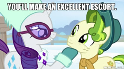 Size: 600x337 | Tagged: safe, edit, edited screencap, screencap, character:pistachio, character:rarity, species:earth pony, species:pony, species:unicorn, episode:best gift ever, g4, my little pony: friendship is magic, caption, female, image macro, implied prostitution, innuendo, mare, text