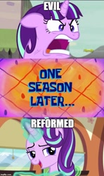 Size: 500x843 | Tagged: safe, edit, edited screencap, screencap, character:starlight glimmer, my little pony:equestria girls, spoiler:eqg specials, angry, caption, evil, image macro, impact font, lidded eyes, meme, quiet, reformed, relaxed, season 11 episode: the clam whisperer, spongebob squarepants, spongebob time card, text, the clam whisperer