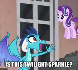 Size: 556x500 | Tagged: safe, edit, edited screencap, screencap, character:princess ember, character:starlight glimmer, episode:triple threat, g4, my little pony: friendship is magic, caption, epic fail, fail, image macro, impact font, is this a pigeon, meme, text