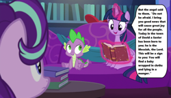 Size: 1280x738 | Tagged: safe, edit, edited screencap, screencap, character:spike, character:starlight glimmer, character:twilight sparkle, character:twilight sparkle (alicorn), species:alicorn, species:pony, episode:a hearth's warming tail, g4, my little pony: friendship is magic, bible, book, couch, dialogue, implied jesus, magic, magic aura, nativity, reading, season 6, speech bubble, text, twilight's castle