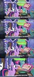 Size: 2000x4460 | Tagged: safe, edit, edited screencap, screencap, character:princess cadance, character:princess flurry heart, character:shining armor, character:twilight sparkle, character:twilight sparkle (alicorn), species:alicorn, species:pony, species:unicorn, episode:best gift ever, g4, my little pony: friendship is magic, alegreya sc, book, caption, cauldron, comic, discovery family logo, female, filly, foal, food, frazzled, image macro, kitchen, male, mare, meme, pudding, puddinghead's pudding, screencap comic, stallion, text, twilight's castle, twilynanas, wunschpunsch