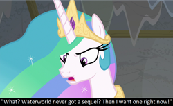 Size: 1280x782 | Tagged: safe, edit, edited screencap, screencap, character:princess celestia, species:alicorn, species:pony, episode:horse play, g4, my little pony: friendship is magic, angry, bronybait, caption, demands, female, meta, mouthpiece, open mouth, solo, waterworld