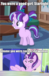 Size: 640x996 | Tagged: safe, edit, edited screencap, screencap, character:starlight glimmer, species:pony, species:unicorn, episode:the cutie re-mark, caption, drama, enrico maxwell, friendship throne, good girl, hellsing ultimate abridged, image macro, meme, op is a duck, op is trying to start shit, s5 starlight, starlight drama, text, vulgar, welcome home twilight, younger