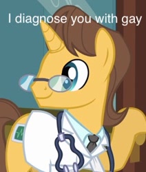 Size: 262x309 | Tagged: safe, edit, edited screencap, screencap, character:doctor horse, character:doctor stable, species:pony, species:unicorn, caption, door, gay, glasses, hoof hold, image macro, looking back, male, meme, necktie, shitposting, smiling, solo, stallion, stethoscope, text