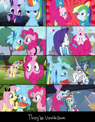 Size: 1310x1672 | Tagged: safe, edit, edited screencap, screencap, character:fluttershy, character:pinkie pie, character:rainbow dash, character:rarity, character:star swirl the bearded, character:twilight sparkle, character:twilight sparkle (alicorn), species:alicorn, species:pegasus, species:pony, species:unicorn, episode:best trends forever, episode:buckball season, episode:guitar centered, episode:pinkie pride, episode:shadow play, equestria girls:equestria girls, equestria girls:rainbow rocks, g4, my little pony: equestria girls, my little pony: friendship is magic, my little pony:equestria girls, apple tree, best trends forever: pinkie pie, bow, camera shot, clothing, cute, diapinkes, duo, fluttershy's cottage, geode of shielding, geode of sugar bombs, guitar, happy birthday to you!, hat, in which pinkie pie forgets how to gravity, magical geodes, netflix, now kiss, out of context, pinkie being pinkie, pinkie physics, shocked expression, text, tree, tv rating, tv-y, upside down, upside down face, voice actor joke, wall of tags