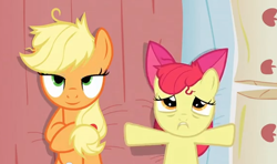 Size: 568x336 | Tagged: safe, edit, edited screencap, screencap, character:apple bloom, character:applejack, species:earth pony, species:pony, ship:bloomjack, episode:apple family reunion, g4, my little pony: friendship is magic, applecest, bed, female, filly, incest, inverted mouth, lesbian, mare, on back, out of context, pillow, shipping