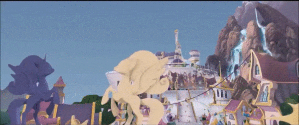 Size: 600x252 | Tagged: safe, edit, edited screencap, screencap, character:fluttershy, character:nougat praliné, character:open skies, character:pinkie pie, character:princess cadance, character:princess celestia, character:princess luna, character:twilight sparkle, character:twilight sparkle (alicorn), species:alicorn, species:earth pony, species:pegasus, species:pony, species:unicorn, my little pony: the movie (2017), 3d, animated, background pony, bunny moon, canterlot, cas-class assault carrier, ccs-class battlecruiser, colt, covenant, crowd, female, filly, gif, halo (series), impending doom, implied death, invasion, lens flare, male, mare, meme, shocked, spaceship, stallion, this will end in death, this will end in glassing, this will end in tears and/or death, unnamed pony, video game