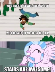 Size: 704x913 | Tagged: safe, edit, edited screencap, screencap, character:silverstream, species:classical hippogriff, species:hippogriff, episode:school daze, g4, my little pony: friendship is magic, adorkable, bobby mcferrin, caption, cute, diastreamies, dork, falling, family guy, image macro, pain, smiling, stairs, stairs are awesome, text, that hippogriff sure does love stairs