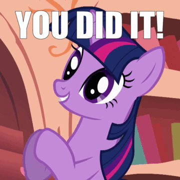 Size: 360x360 | Tagged: safe, edit, edited screencap, screencap, character:twilight sparkle, character:twilight sparkle (unicorn), species:pony, species:unicorn, episode:look before you sleep, g4, my little pony: friendship is magic, animated, caption, clapping, clapping ponies, cute, female, gif, gif with captions, golden oaks library, grin, image macro, impact font, mare, meme, sitting, smiling, solo, text, twiabetes, you did it