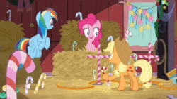 Size: 1280x720 | Tagged: safe, edit, edited screencap, screencap, character:applejack, character:pinkie pie, character:rainbow dash, species:earth pony, species:pegasus, species:pony, episode:best gift ever, episode:the great escape room, g4, my little pony: friendship is magic, animated, applejack's barn, candy, candy cane, christmas, christmas lights, confused, dancing, flying, food, gramophone, hay bale, hearth's warming shorts, holiday, michael jackson, moonwalk, music, smooth criminal, song reference, sound, webm