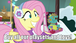 Size: 1280x720 | Tagged: safe, edit, edited screencap, screencap, character:fluttershy, episode:best gift ever, g4, my little pony: friendship is magic, buy our toys, caption, cheat commandos, doll, holly the hearths warmer doll, homestar runner, image macro, meme, rainbow falls (location), snow, text, to sell toys, toy