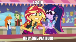 Size: 888x499 | Tagged: safe, edit, edited screencap, screencap, character:sandalwood, character:sunset shimmer, character:twilight sparkle, character:twilight sparkle (scitwi), species:eqg human, equestria girls:rollercoaster of friendship, g4, my little pony: equestria girls, my little pony:equestria girls, angry, caption, concerned, geode of empathy, geode of telekinesis, golden hazel, image macro, magical geodes, meme, text