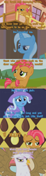 Size: 500x1900 | Tagged: safe, edit, edited screencap, screencap, character:babs seed, character:gilda, character:trixie, species:earth pony, species:griffon, species:pony, species:unicorn, episode:apple family reunion, episode:boast busters, episode:griffon the brush-off, episode:magic duel, episode:one bad apple, g4, my little pony: friendship is magic, comic, cropped, female, filly, foal, hilarious in hindsight, mare, screencap comic
