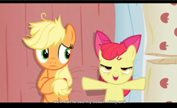 Size: 1680x1028 | Tagged: safe, edit, edited screencap, screencap, character:apple bloom, character:applejack, species:earth pony, species:pony, episode:apple family reunion, g4, my little pony: friendship is magic, bed, caption, female, filly, lidded eyes, mare, on back, pillow, youtube caption