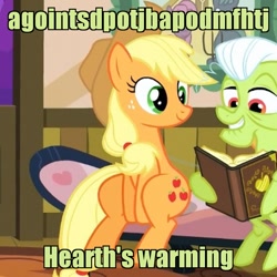 Size: 800x800 | Tagged: safe, edit, edited screencap, screencap, character:applejack, character:granny smith, species:earth pony, species:pony, episode:apple family reunion, g4, my little pony: friendship is magic, book, caption, cropped, duo, female, hearth's warming, image macro, mare, rapsittie street kids: believe in santa, reading, sitting, sitting up, text