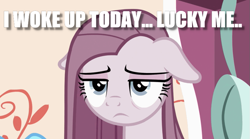Size: 781x434 | Tagged: safe, edit, edited screencap, screencap, character:pinkamena diane pie, character:pinkie pie, episode:yakity-sax, g4, my little pony: friendship is magic, caption, depressed, female, floppy ears, image macro, impact font, meme, solo, text