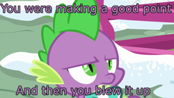 Size: 1280x720 | Tagged: safe, edit, edited screencap, screencap, character:spike, species:dragon, episode:best gift ever, g4, my little pony: friendship is magic, annoyed, caption, clothing, image macro, male, reaction image, scarf, solo, text, winged spike, winter outfit
