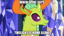 Size: 887x500 | Tagged: safe, edit, edited screencap, screencap, character:thorax, character:twilight sparkle, species:changeling, species:reformed changeling, ship:twirax, episode:triple threat, g4, my little pony: friendship is magic, antlers, caption, female, image macro, implied twilight sparkle, implied twirax, male, meme, shipping, smiling, straight, text, this will end in pregnancy