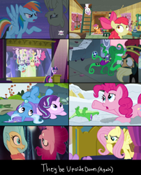 Size: 1304x1611 | Tagged: safe, edit, edited screencap, screencap, character:apple bloom, character:applejack, character:flutterbat, character:fluttershy, character:gummy, character:mane-iac, character:mistress marevelous, character:pinkie pie, character:princess skystar, character:rainbow dash, character:rarity, character:scootaloo, character:spike, character:starlight glimmer, character:sweetie belle, character:trixie, character:twilight sparkle, character:twilight sparkle (alicorn), species:alicorn, species:bat pony, species:pegasus, species:pony, species:seapony (g4), episode:a health of information, episode:bats!, episode:family appreciation day, episode:not asking for trouble, episode:power ponies, episode:the cutie re-mark, episode:to change a changeling, g4, my little pony: friendship is magic, my little pony: the movie (2017), alligator, bat ponified, bed, cape, clothing, clubhouse, crusaders clubhouse, cute, cutie mark crusaders, diatrixes, female, flipped, glimmerbetes, hub logo, hubble, mane seven, mane six, mare, race swap, seaponified, seapony pinkie pie, species swap, the hub, upside down