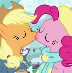 Size: 620x625 | Tagged: safe, edit, edited screencap, screencap, character:applejack, character:pinkie pie, species:earth pony, species:pony, ship:applepie, episode:best gift ever, g4, my little pony: friendship is magic, clothing, eyes closed, female, kissing, lesbian, scarf, shipping, sweater