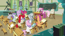 Size: 841x466 | Tagged: safe, edit, edited screencap, screencap, character:apple bloom, character:cheerilee, character:diamond tiara, character:liza doolots, character:petunia, character:scootaloo, character:silver spoon, character:sweetie belle, character:tootsie flute, character:truffle shuffle, character:twist, species:earth pony, species:pegasus, species:pony, species:unicorn, episode:family appreciation day, g4, my little pony: friendship is magic, alcohol, beer, caption, colt, female, filly, male, mare, meme, ponyville schoolhouse, youtube caption