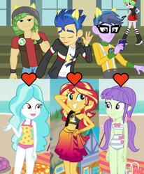 Size: 1471x1784 | Tagged: safe, edit, edited screencap, screencap, character:flash sentry, character:microchips, character:paisley, character:sandalwood, character:starlight, character:sunset shimmer, character:watermelody, ship:flashimmer, episode:lost and found, equestria girls:forgotten friendship, equestria girls:friendship games, g4, my little pony: equestria girls, my little pony:equestria girls, background human, bandeau, beach, bikini, cellphone, clothing, cropped, dancing, female, geode of empathy, heart, magical geodes, male, midriff, one-piece swimsuit, paisandal, phone, pony ears, sarong, shipping, shipping domino, starchips, starlight, straight, swimsuit, thumbs up, tongue out, triple shipping domino
