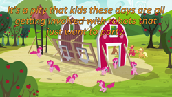 Size: 640x360 | Tagged: safe, edit, edited screencap, screencap, character:applejack, character:big mcintosh, character:pinkie pie, species:earth pony, species:pony, episode:too many pinkie pies, g4, my little pony: friendship is magic, barn, barn raising, caption, cards against humanity, clone, fun fun fun, image macro, pinkie clone, sweet apple acres, text
