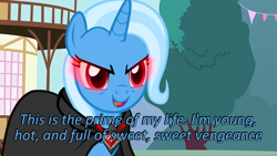 Size: 640x360 | Tagged: safe, edit, edited screencap, screencap, character:trixie, episode:magic duel, g4, my little pony: friendship is magic, alicorn amulet, caption, cards against humanity, glowing eyes, image macro, meme, smiling, text, trixie yells at everything
